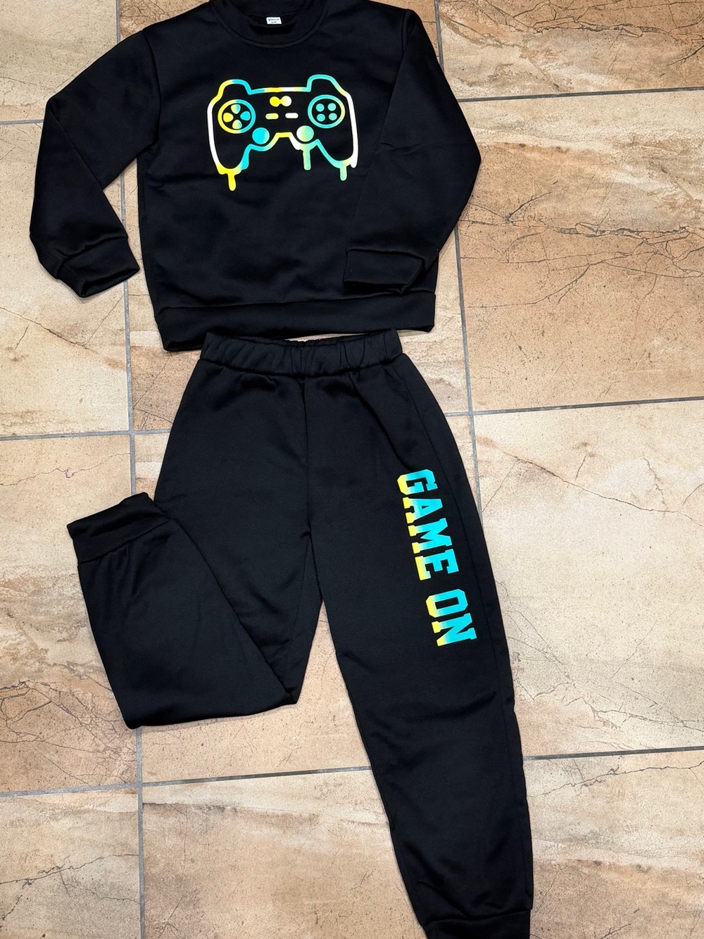 SHEIN Black Jogger Set with Neon Game Controller & 'GAME ON' Print